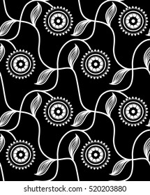 seamless black and white floral and leave pattern on black backgraound