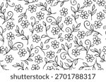 Seamless black and white floral pattern with hand-drawn flowers and leaves, perfect for coloring pages, fabric design, and digital backgrounds.