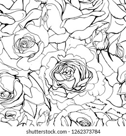 Seamless black and white floral pattern with roses and buds. Endless texture for elegant floral and season design.