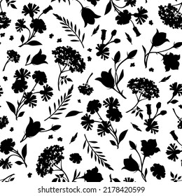 Seamless black and white floral pattern with flowers silhouettes. Vector illustration