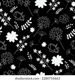 Seamless black and white floral seamless pattern. Vector hand drawn illustration. 