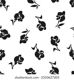 Seamless black and white floral pattern with orchid flowers silhouettes. Vector floral print