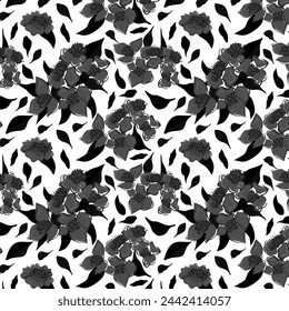 Seamless black and white floral pattern. Vintage botanical print with spring botany on a white background. Ditsy style. Blooming meadow pattern. A Pattern for print, wallpaper, fabric, cushion