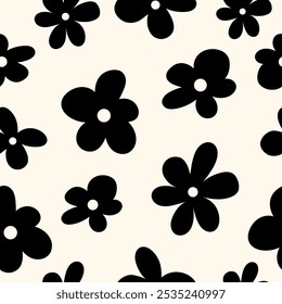 Padrão floral preto e branco contínuo. Flores retrô desenhadas à mão sobre fundo claro.