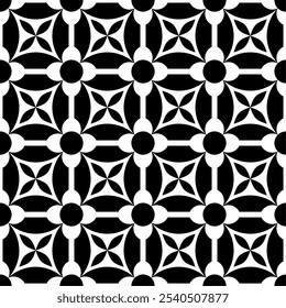 Seamless black and white floral pattern consisting of simple and symmetrical geometric shapes. Suitable for backgrounds, wallpapers, textiles, fabrics, etc.