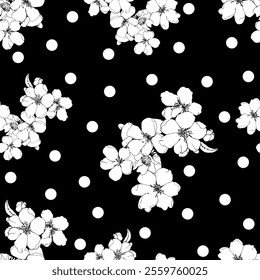 Seamless black and white floral pattern. Vector Illustration.