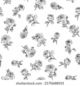 Seamless black and white floral pattern with roses. Good for textile or wrapping paper. Chaotic flowers background. Outline doodle design