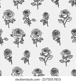 Seamless black and white floral pattern with roses. Good for textile or wrapping paper.
