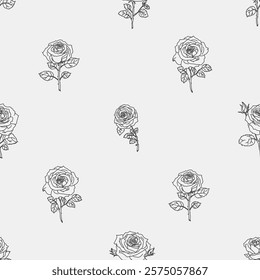 Seamless black and white floral pattern with roses. Good for textile or wrapping paper. Outline monochrome doodle flowers
