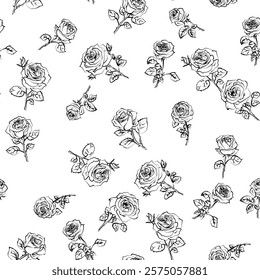 Seamless black and white floral pattern with roses. Good for textile or wrapping paper. Chaotic flowers background. Outline doodle design