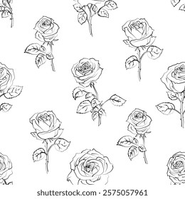 Seamless black and white floral pattern with roses. Good for textile or wrapping paper. Outline flowers