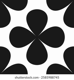 Seamless black and white floral pattern with clover shapes and petal forms. High quality geometric vector design in retro style, ideal for decor, wallpaper, and print