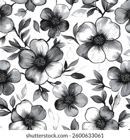 Seamless Black and White Floral Pattern with Hand-Drawn Watercolor Flowers.