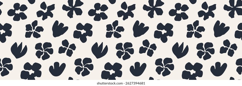 Seamless black and white floral pattern with abstract flowers and leaves. Modern minimalist botanical design for textiles, wallpapers, wrapping paper, branding. Stylish monochrome nature background.