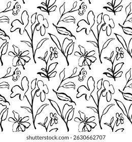 Patrón floral blanco y negro sin fisuras con flores silvestres y hojas dibujadas a mano. Diseño elegante y minimalista perfecto para telas, Fondos de pantalla, embalajes y fondos digitales