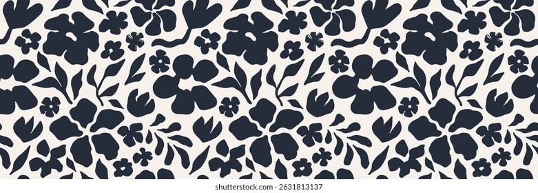 Patrón floral blanco y negro sin fisuras con flores y hojas abstractas dibujadas a mano. Fondo botánico moderno para tela, Fondo de pantalla, marca, embalaje, diseños digitales. Estilo monocromático de moda