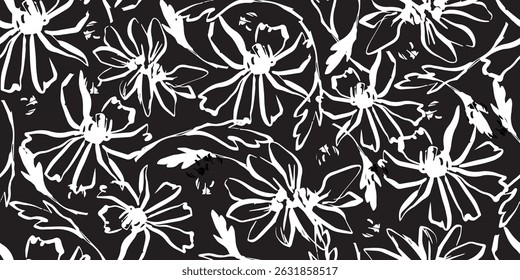 Seamless black and white floral pattern with hand-drawn style leaves and flowers. Ideal for textile design, wallpapers, packaging, and backgrounds.