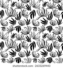 Padrão floral preto e branco contínuo com flores e folhas abstratas desenhadas à mão. Fundo botânico elegante perfeito para o tecido, papel de parede e design de superfície. Moderna arte da natureza minimalista.