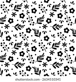 Seamless Black and White Floral Pattern Vector – Hand Drawn Botanical Design