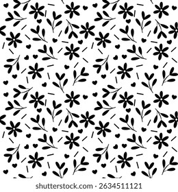 Vector de patrón floral blanco y negro sin costuras con Elementos de corazón - diseño botánico dibujado a mano