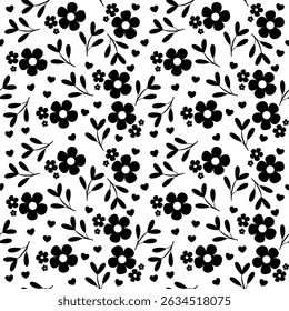 Seamless Black and White Floral Pattern Vector with Heart Elements – Hand Drawn Botanical Design