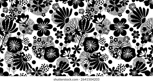 Seamless black and white floral pattern. Vector Illustration.