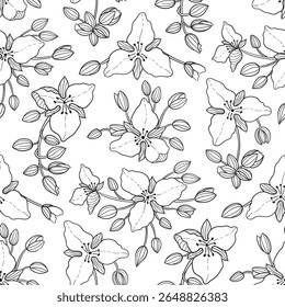 Padrão floral preto e branco contínuo com flores desenhadas à mão, botões e folhas. Perfeito para colorir páginas, têxteis, papel de embrulho e design de superfície.