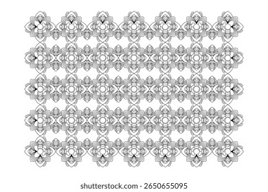 A seamless black and white floral pattern featuring meticulously detailed flowers and leaves arranged in a symmetrical, repetitive design. Illustration vector. EPS 10