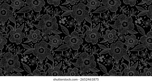 Seamless black and white floral pattern with delicate line art flowers and leaves. Great for fabric design, adult coloring pages, wallpapers, branding, and elegant packaging.