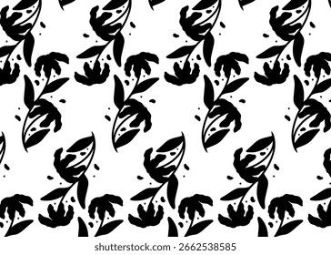 Seamless black and white floral pattern with decorative vintage ornaments and leaves
