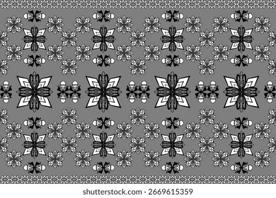 Padrão floral preto e branco contínuo com motivos geométricos em um fundo cinza. Elegante design têxtil tradicional para tecido, papel de parede, ou uso decorativo.