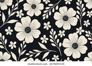 Patrón floral blanco y negro sin fisuras con delicadas flores y hojas. Perfecto para la tela, el Fondo de pantalla, la papelería, y los diseños decorativos elegantes.