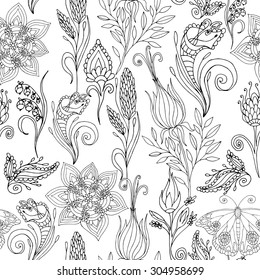 Seamless black and white floral pattern. Hand drawing doodle. Vector illustration