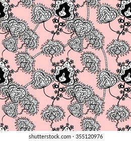 Seamless black and white floral pattern on a pink background. Hand drawing doodle. Vector illustration