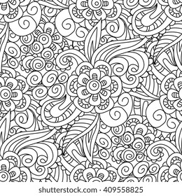 Seamless black and white floral pattern. Background, wallpaper, textile, cover, wrapper. Design for adults and older children coloring book