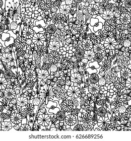 Seamless black and white floral pattern, vector wallpaper.