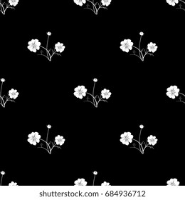Seamless black and white floral pattern with cosmos plant. White polka dot on black background.