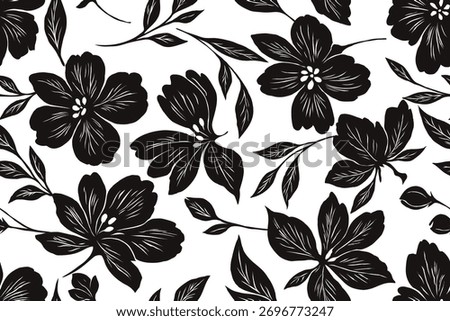 Seamless black and white floral pattern. Decorated with luxurious floral and leaf motifs. Modern minimalist botanical background. Black and white vector illustration for fabric, textile, wallpaper.