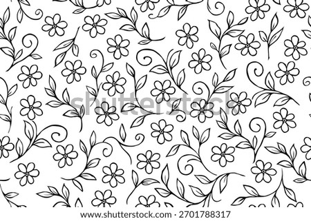 Seamless black and white floral pattern with hand-drawn flowers and leaves, perfect for coloring pages, fabric design, and digital backgrounds.