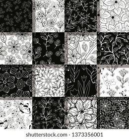 Seamless black and white floral patterns