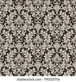 Seamless black and white floral wallpaper vector background. Vintage damask pattern backdrop.