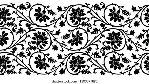 Seamless black and white flower border