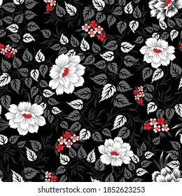 seamless black and white  flower pattern  on black