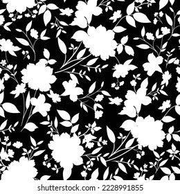 seamless black and white flower pattern on black background