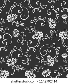 Seamless black and white flower vector pattern. Seamless wrapping paper, textile or upholstery flower print.