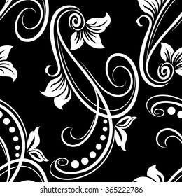 Seamless black and white flower vector pattern.