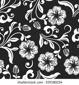 Seamless black and white flower vector background. Seamless textile print or wrapping paper template.