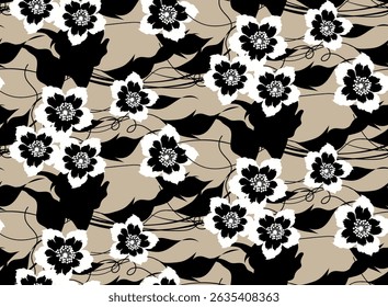 Seamless black and white flowers pattern. Abstract floral pattern.
