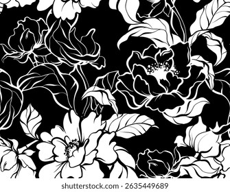 Nahtloses schwarz-weißes Blumenmuster. Abstraktes Blumenmuster.