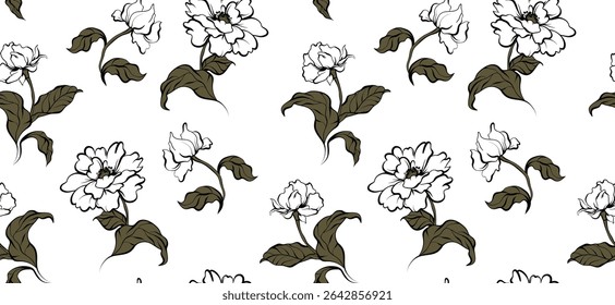 Seamless black and white flowers pattern. Abstract floral pattern.